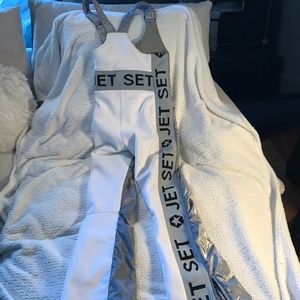 White and gray bib ski jumpsuit